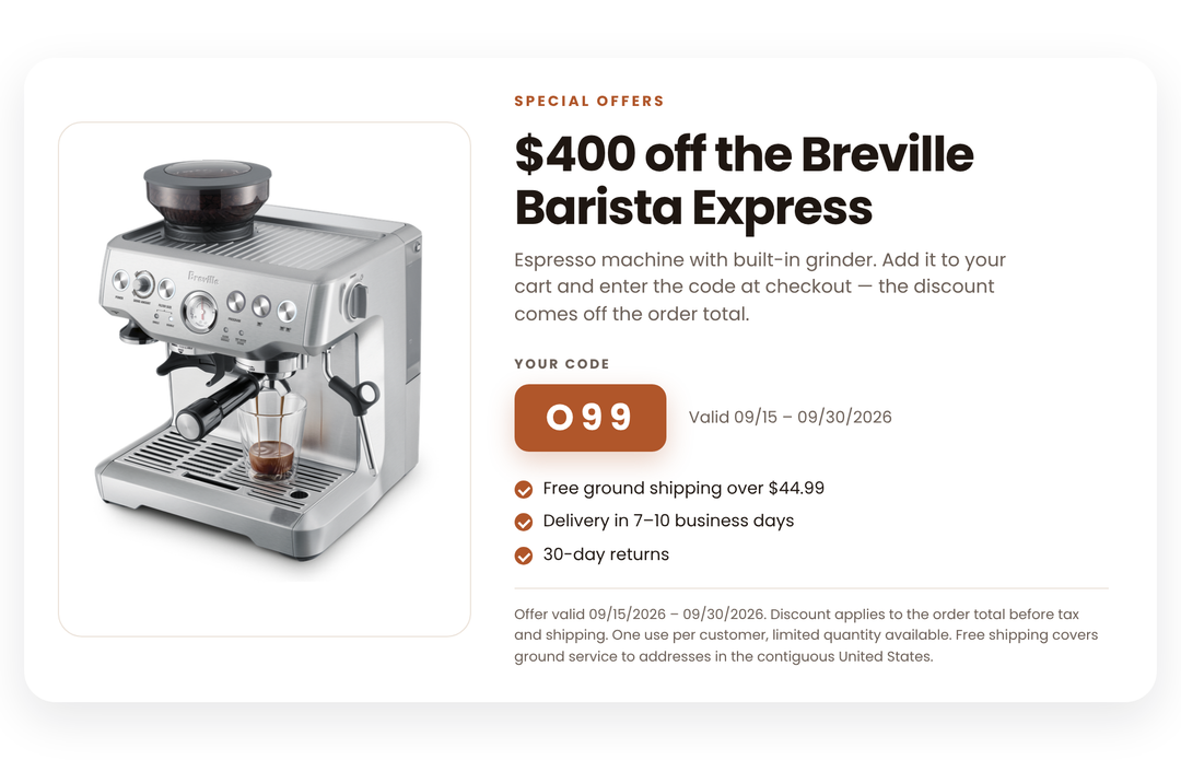 Breville Barista Express Espresso Machine (Promo Code: O99)